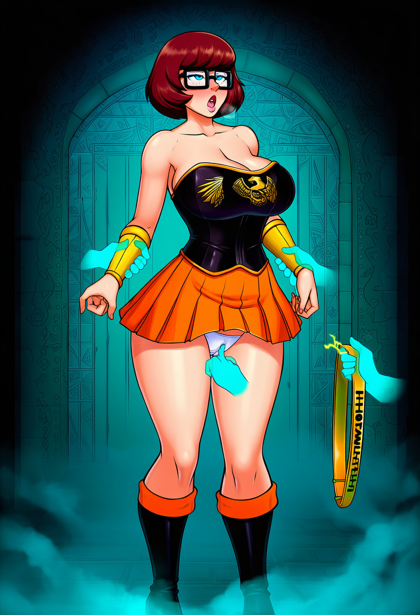 wwhero shot, side profile view. Velma Dinkley stands powerless and held immobile i s-2275472528.png